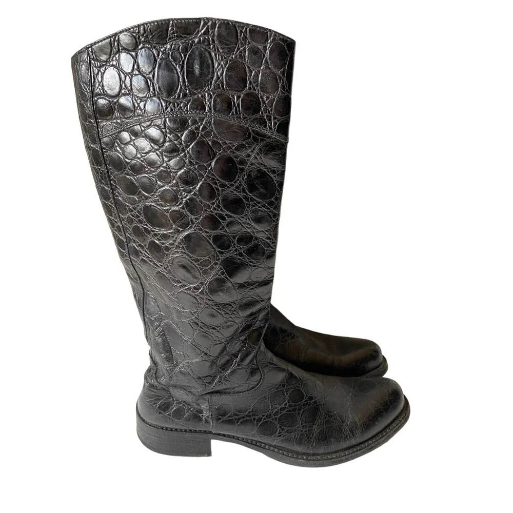 Doucal's Black Crocodile Embossed Leather Knee High Boots Italy Size 39EU/6.5 US